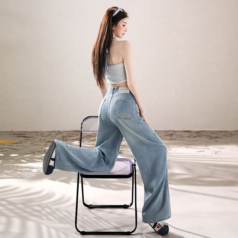 여름 섹션 켜기 새로운 라이 경기 서울 주간 실크 넓은 다리 청바지 여성 하이웨이스트 루즈핏 도루 센스 바닥 청소 바지 여성 이미지 4