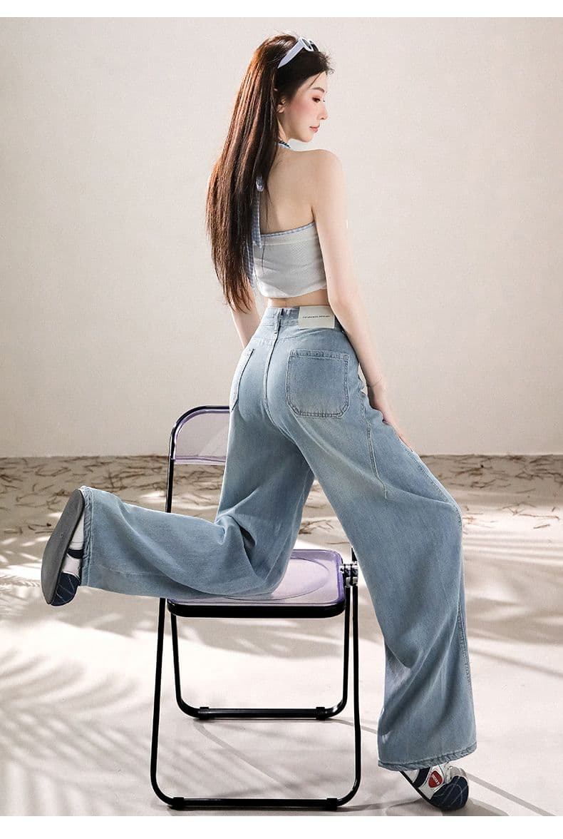 여름 섹션 켜기 새로운 라이 경기 서울 주간 실크 넓은 다리 청바지 여성 하이웨이스트 루즈핏 도루 센스 바닥 청소 바지 여성 상세 이미지 12