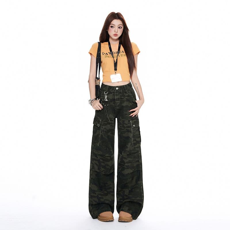아메리칸 핫걸 넓은 다리 카모플라주 바지 청바지 이른 가을 새로운 하이웨이스트 루즈핏 슬림해 보이는 워크웨어 팬츠 여성