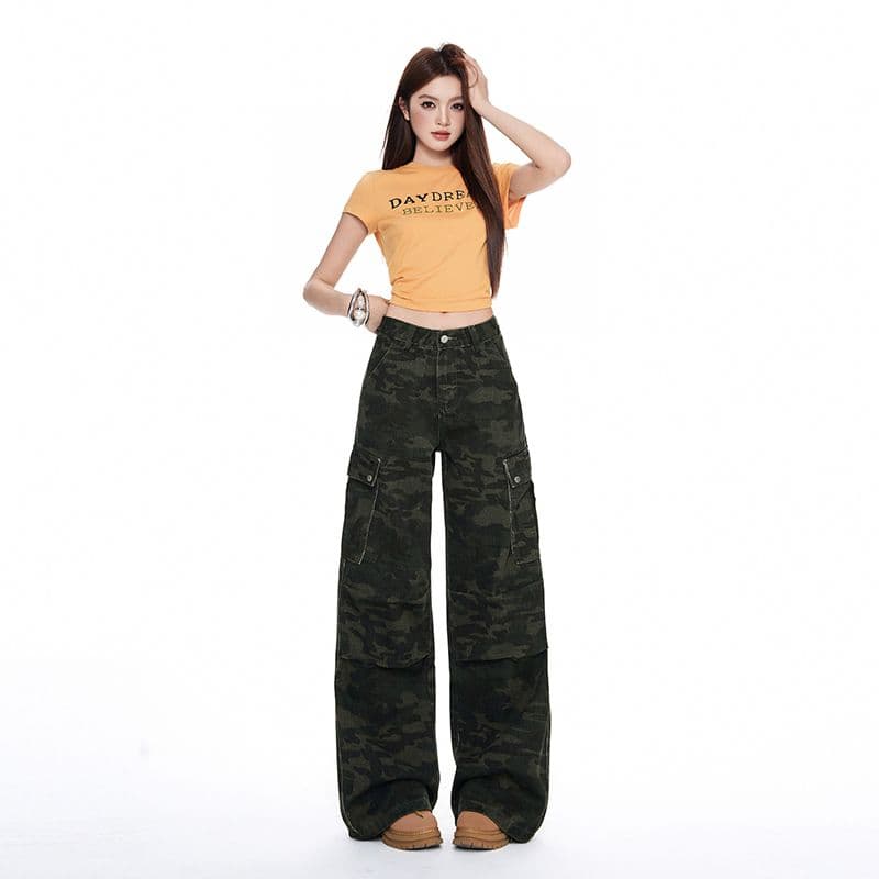 아메리칸 핫걸 넓은 다리 카모플라주 바지 청바지 이른 가을 새로운 하이웨이스트 루즈핏 슬림해 보이는 워크웨어 팬츠 여성 이미지 2
