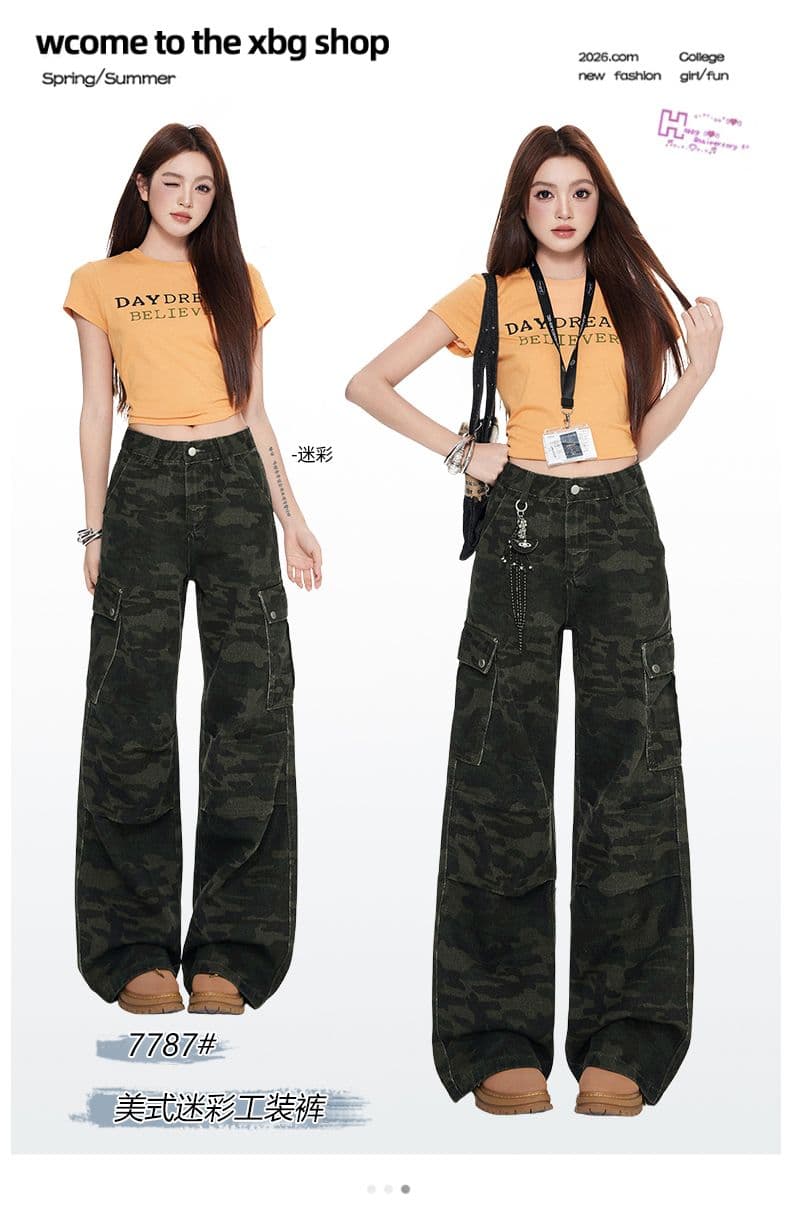 아메리칸 핫걸 넓은 다리 카모플라주 바지 청바지 이른 가을 새로운 하이웨이스트 루즈핏 슬림해 보이는 워크웨어 팬츠 여성 상세 이미지 1