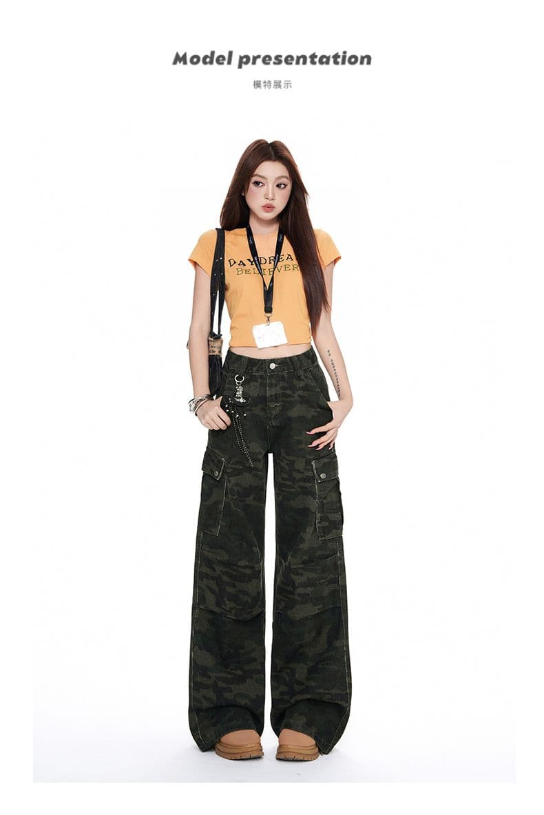 아메리칸 핫걸 넓은 다리 카모플라주 바지 청바지 이른 가을 새로운 하이웨이스트 루즈핏 슬림해 보이는 워크웨어 팬츠 여성 상세 이미지 7
