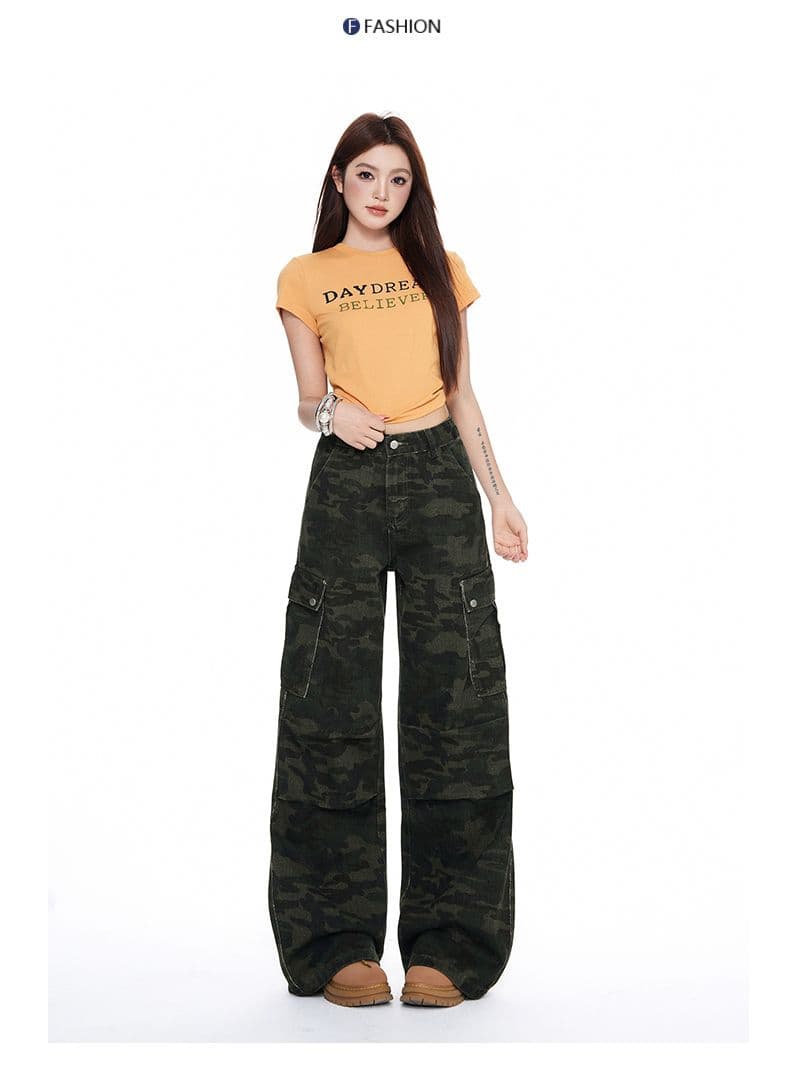 아메리칸 핫걸 넓은 다리 카모플라주 바지 청바지 이른 가을 새로운 하이웨이스트 루즈핏 슬림해 보이는 워크웨어 팬츠 여성 상세 이미지 10