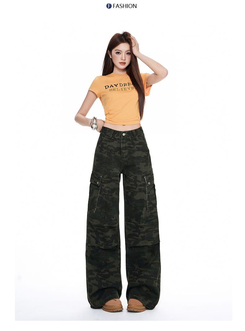 아메리칸 핫걸 넓은 다리 카모플라주 바지 청바지 이른 가을 새로운 하이웨이스트 루즈핏 슬림해 보이는 워크웨어 팬츠 여성 상세 이미지 13