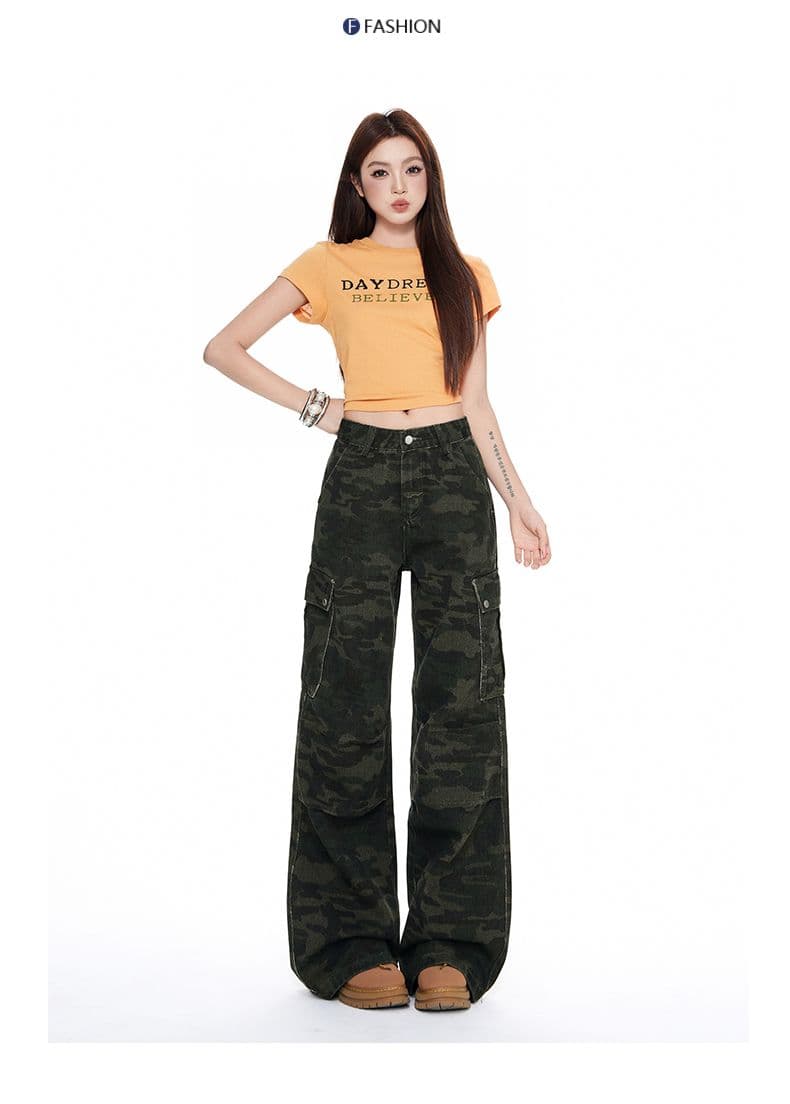 아메리칸 핫걸 넓은 다리 카모플라주 바지 청바지 이른 가을 새로운 하이웨이스트 루즈핏 슬림해 보이는 워크웨어 팬츠 여성 상세 이미지 15