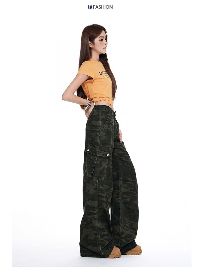 아메리칸 핫걸 넓은 다리 카모플라주 바지 청바지 이른 가을 새로운 하이웨이스트 루즈핏 슬림해 보이는 워크웨어 팬츠 여성 상세 이미지 17