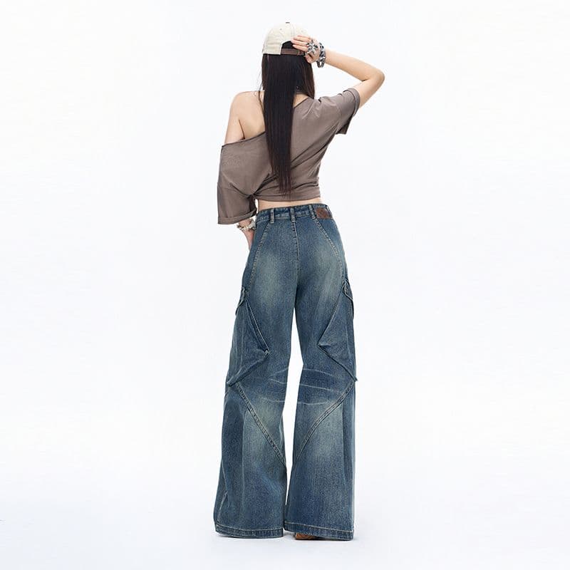 캐주얼 워크웨어 데님 와이드 레깅스 바지 이른 가을 아메리칸 높음 거리 레트로 루즈핏 슬림해 보이는 바닥 청소 바지 이미지 5