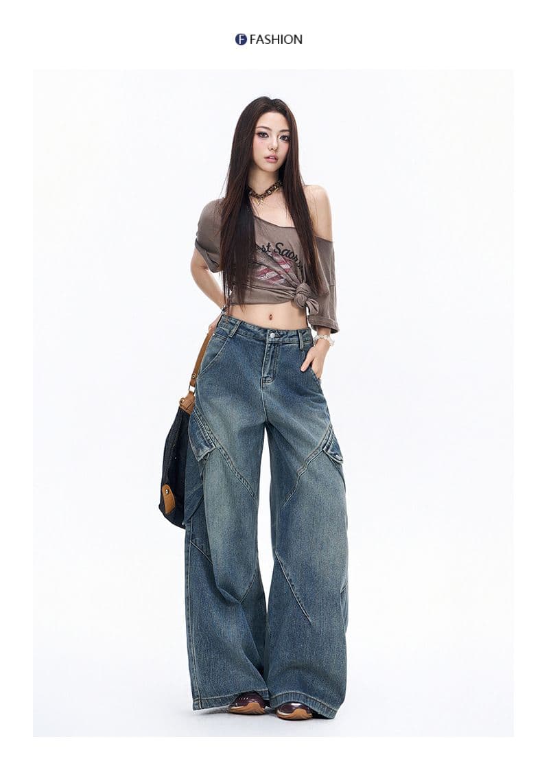 캐주얼 워크웨어 데님 와이드 레깅스 바지 이른 가을 아메리칸 높음 거리 레트로 루즈핏 슬림해 보이는 바닥 청소 바지 상세 이미지 7
