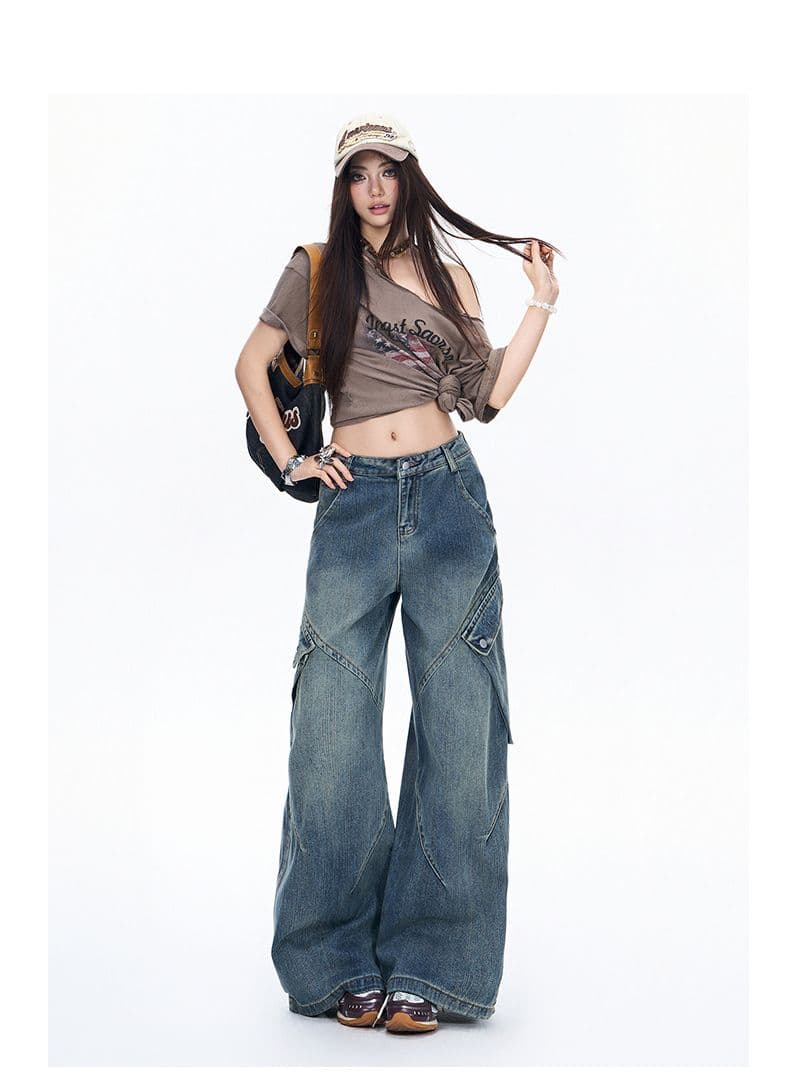 캐주얼 워크웨어 데님 와이드 레깅스 바지 이른 가을 아메리칸 높음 거리 레트로 루즈핏 슬림해 보이는 바닥 청소 바지 상세 이미지 11