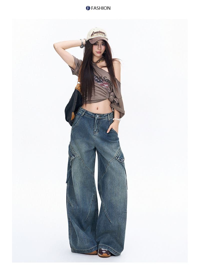 캐주얼 워크웨어 데님 와이드 레깅스 바지 이른 가을 아메리칸 높음 거리 레트로 루즈핏 슬림해 보이는 바닥 청소 바지 상세 이미지 12