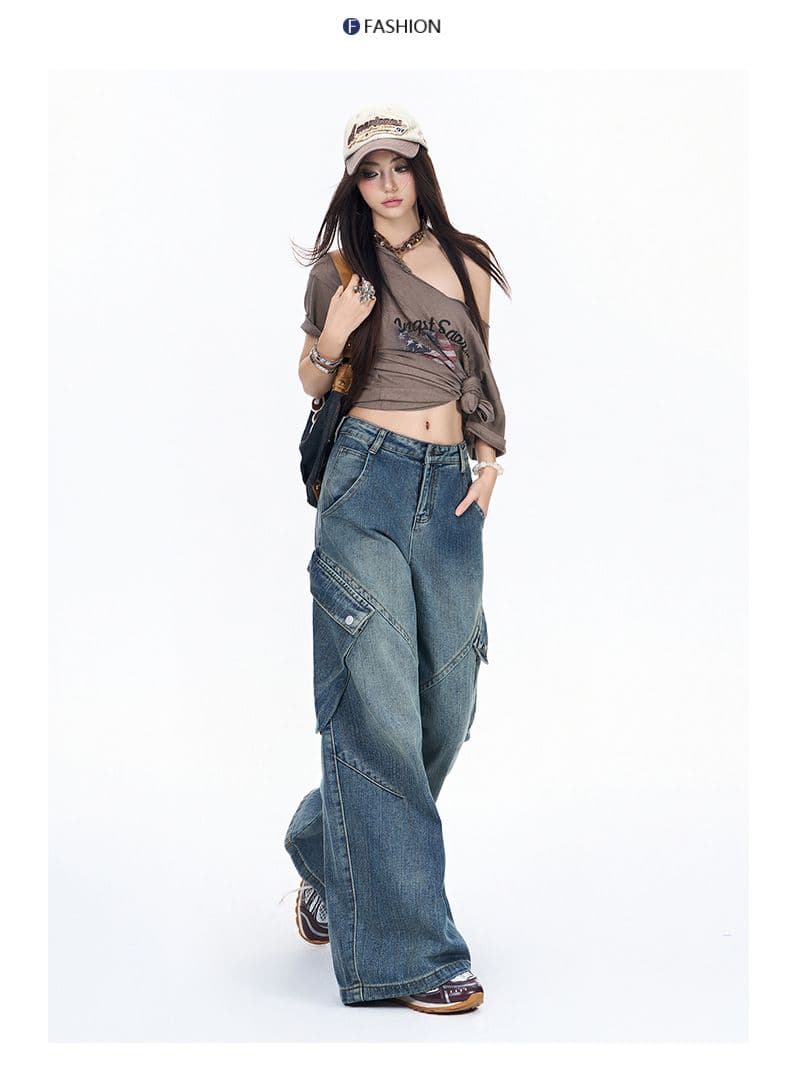 캐주얼 워크웨어 데님 와이드 레깅스 바지 이른 가을 아메리칸 높음 거리 레트로 루즈핏 슬림해 보이는 바닥 청소 바지 상세 이미지 14