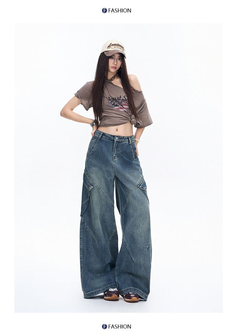 캐주얼 워크웨어 데님 와이드 레깅스 바지 이른 가을 아메리칸 높음 거리 레트로 루즈핏 슬림해 보이는 바닥 청소 바지 상세 이미지 16