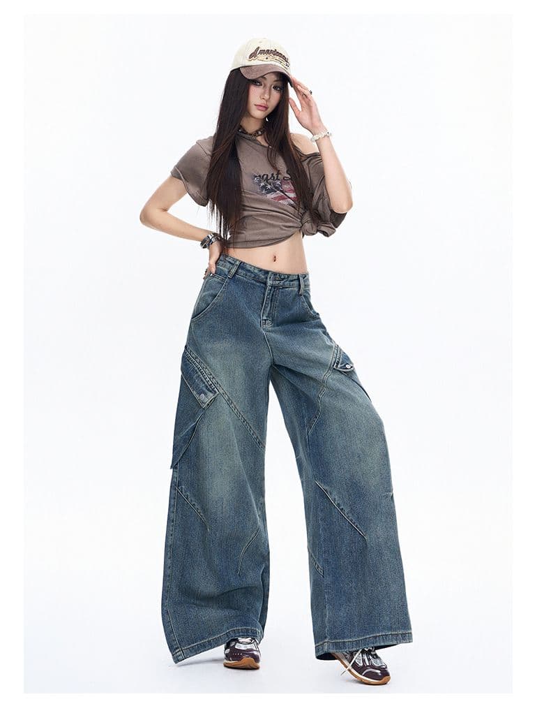 캐주얼 워크웨어 데님 와이드 레깅스 바지 이른 가을 아메리칸 높음 거리 레트로 루즈핏 슬림해 보이는 바닥 청소 바지 상세 이미지 18