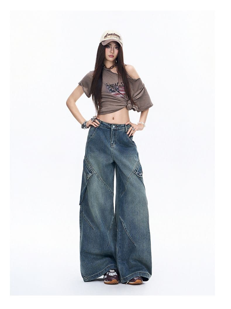 캐주얼 워크웨어 데님 와이드 레깅스 바지 이른 가을 아메리칸 높음 거리 레트로 루즈핏 슬림해 보이는 바닥 청소 바지 상세 이미지 19