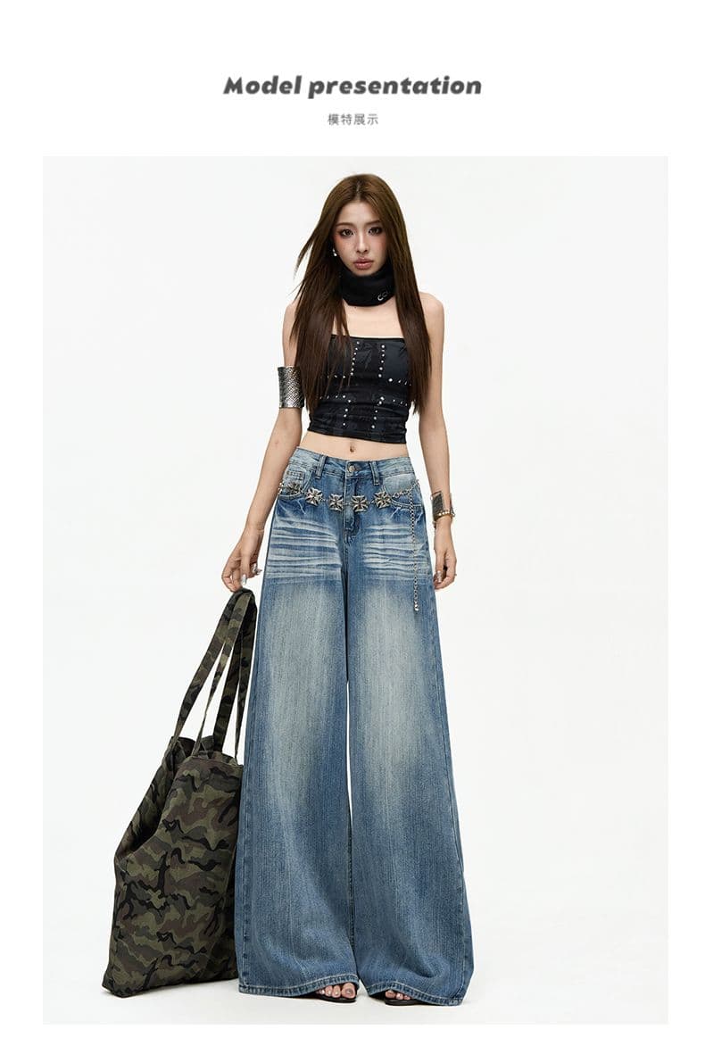 아메리칸 레트로 여름 무거운 작업 워싱 대나무 마디 원단 다용도 캐주얼 루즈핏 넓은 다리 바닥 청소 청바지 상세 이미지 6