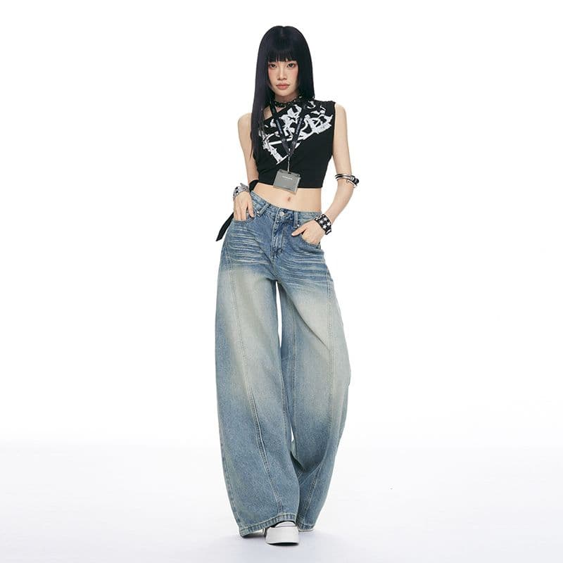 패치워크 디자인 높음 거리 아메리칸 연삭 화이트 넓은 다리 바닥 청소 여성 작은 키 루즈핏 슬림해 보이는 스트레이트 청바지 이미지 5