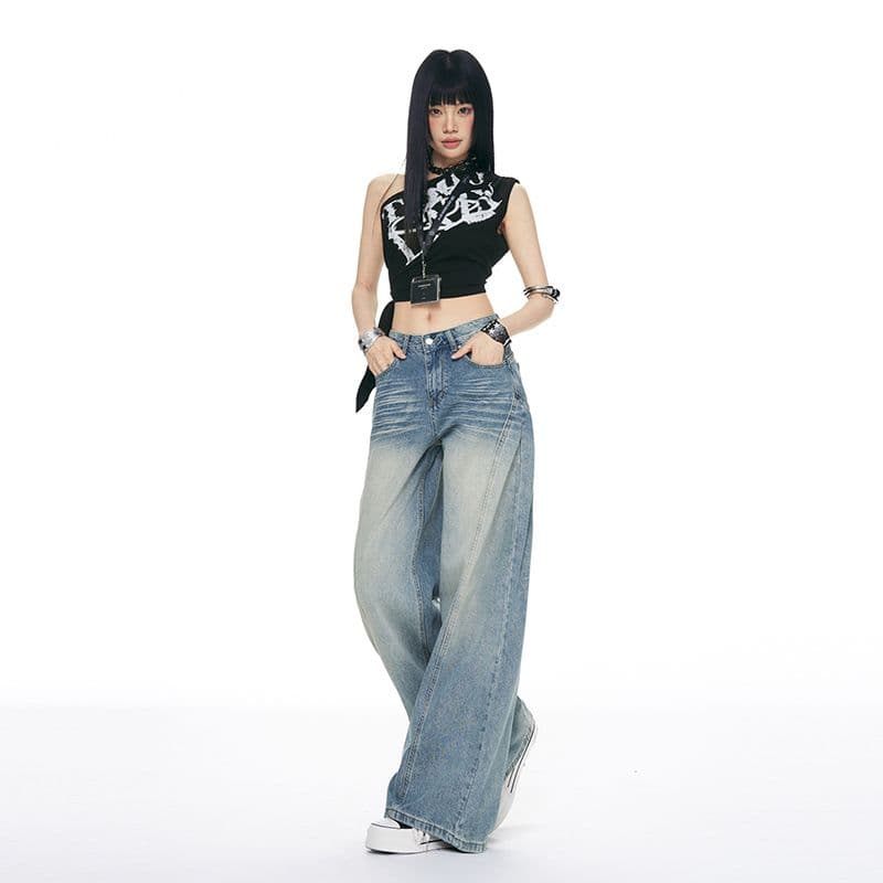 패치워크 디자인 높음 거리 아메리칸 연삭 화이트 넓은 다리 바닥 청소 여성 작은 키 루즈핏 슬림해 보이는 스트레이트 청바지 이미지 2