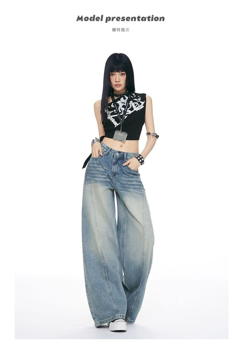패치워크 디자인 높음 거리 아메리칸 연삭 화이트 넓은 다리 바닥 청소 여성 작은 키 루즈핏 슬림해 보이는 스트레이트 청바지 상세 이미지 6
