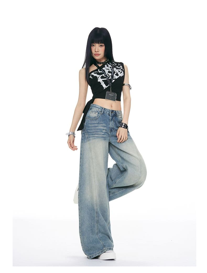 패치워크 디자인 높음 거리 아메리칸 연삭 화이트 넓은 다리 바닥 청소 여성 작은 키 루즈핏 슬림해 보이는 스트레이트 청바지 상세 이미지 8