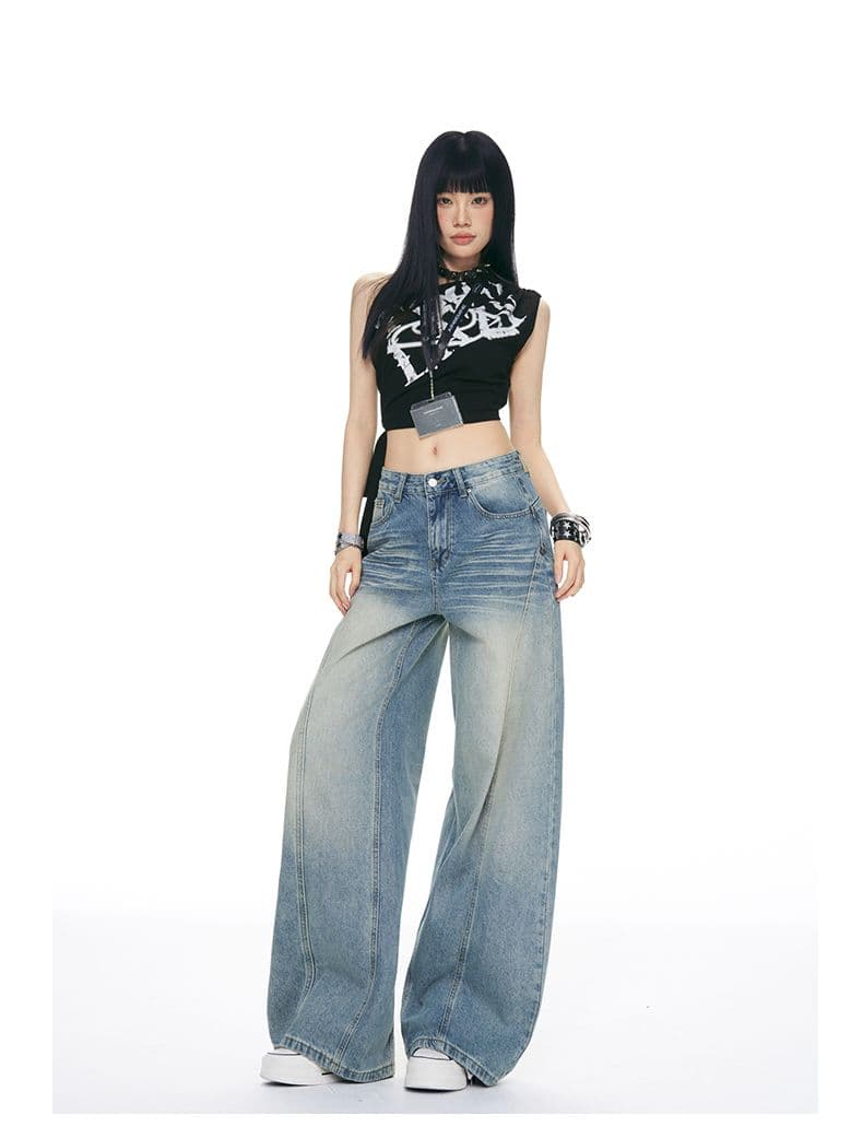패치워크 디자인 높음 거리 아메리칸 연삭 화이트 넓은 다리 바닥 청소 여성 작은 키 루즈핏 슬림해 보이는 스트레이트 청바지 상세 이미지 13