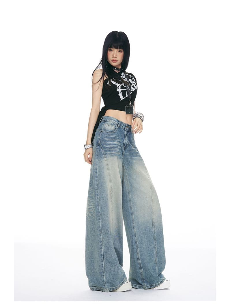 패치워크 디자인 높음 거리 아메리칸 연삭 화이트 넓은 다리 바닥 청소 여성 작은 키 루즈핏 슬림해 보이는 스트레이트 청바지 상세 이미지 15
