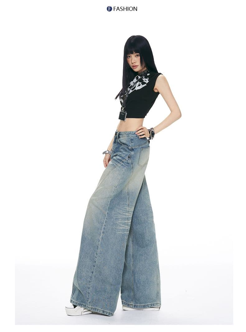 패치워크 디자인 높음 거리 아메리칸 연삭 화이트 넓은 다리 바닥 청소 여성 작은 키 루즈핏 슬림해 보이는 스트레이트 청바지 상세 이미지 16