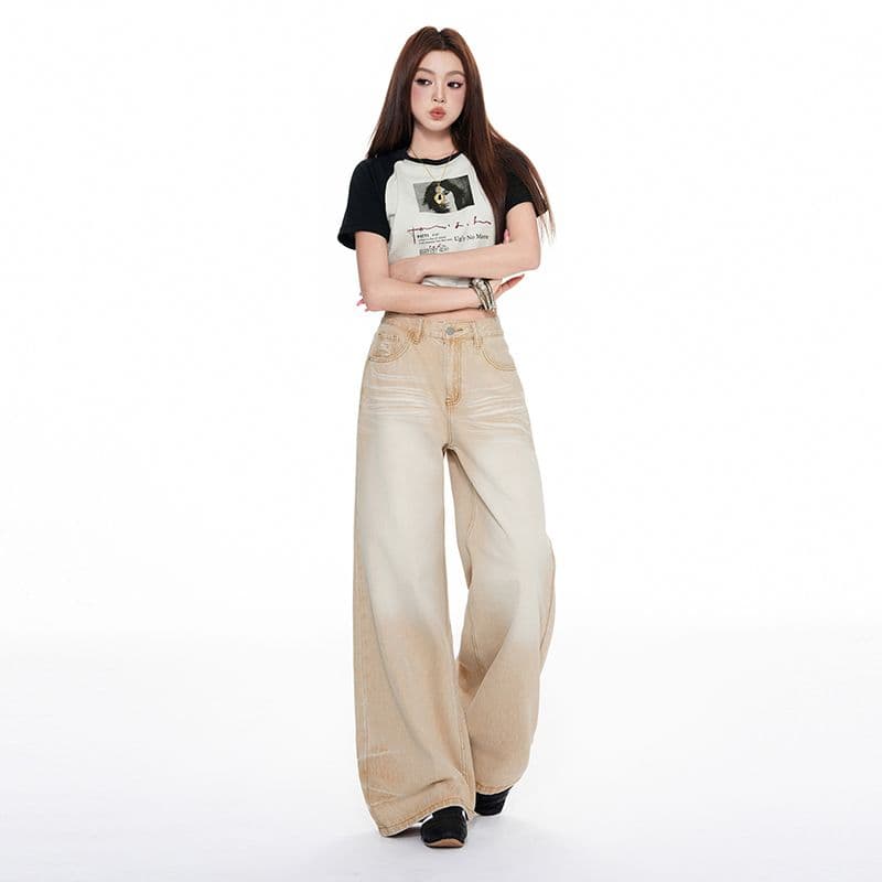 아메리칸 레트로 카키 색 무거운 작업 디자인 센스 루즈핏 넓은 다리 스트레이트 바닥 청소 청바지 이미지 2