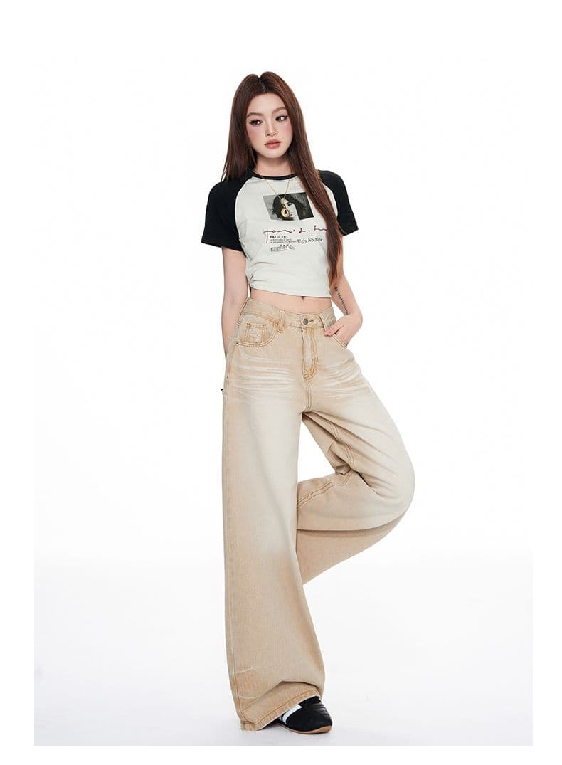 아메리칸 레트로 카키 색 무거운 작업 디자인 센스 루즈핏 넓은 다리 스트레이트 바닥 청소 청바지 상세 이미지 12