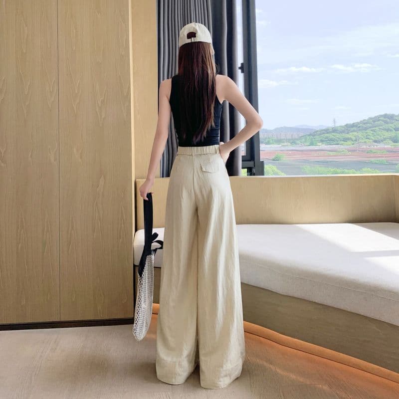 오래된 돈 바람 레트로 얼음 실크 면 린넨 도루 센스 바닥 청소 바지 여성 새로운 루즈핏 캐주얼 와이드 레그 팬츠 이미지 3
