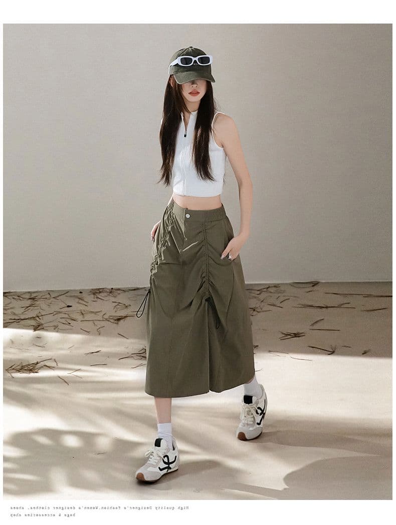 아메리칸 워크웨어 바람 펌프 로프 디자인 센스 반신 스커트 새로운 얇고 가벼운 속도 건조한 캐주얼 중간 길이 우산 치마 상세 이미지 15