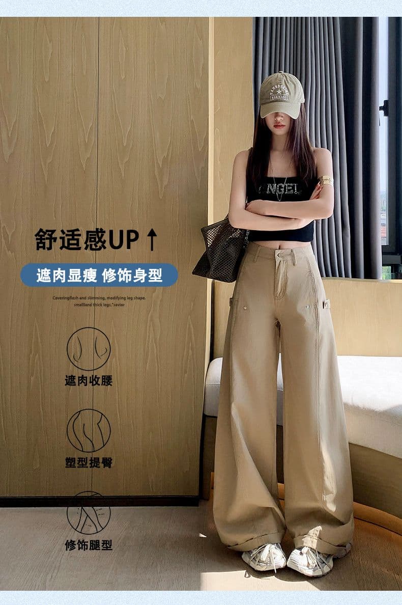 이른 가을 아메리칸 레트로 캐주얼 워크웨어 팬츠 새로운 다용도 디자인 센스 루즈핏 넓은 다리 모통이 칼 바지 상세 이미지 5