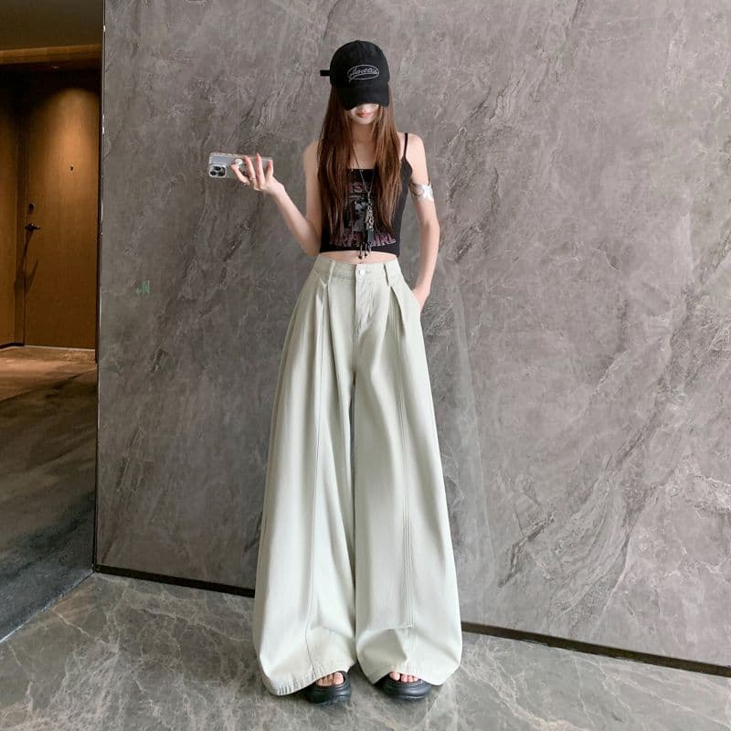 오래된 돈 레트로 서있는 자르다 디자인 센스 명중 Pleat 캐주얼 바지 새로운 루즈핏 와이드 레깅스 바지 이미지 3