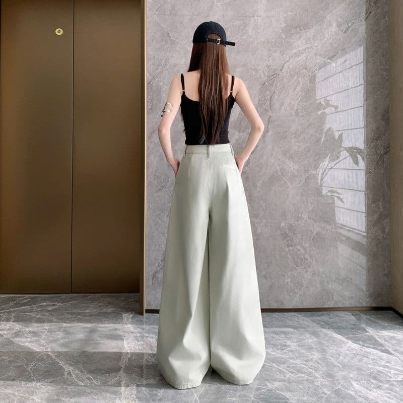 오래된 돈 레트로 서있는 자르다 디자인 센스 명중 Pleat 캐주얼 바지 새로운 루즈핏 와이드 레깅스 바지 이미지 2