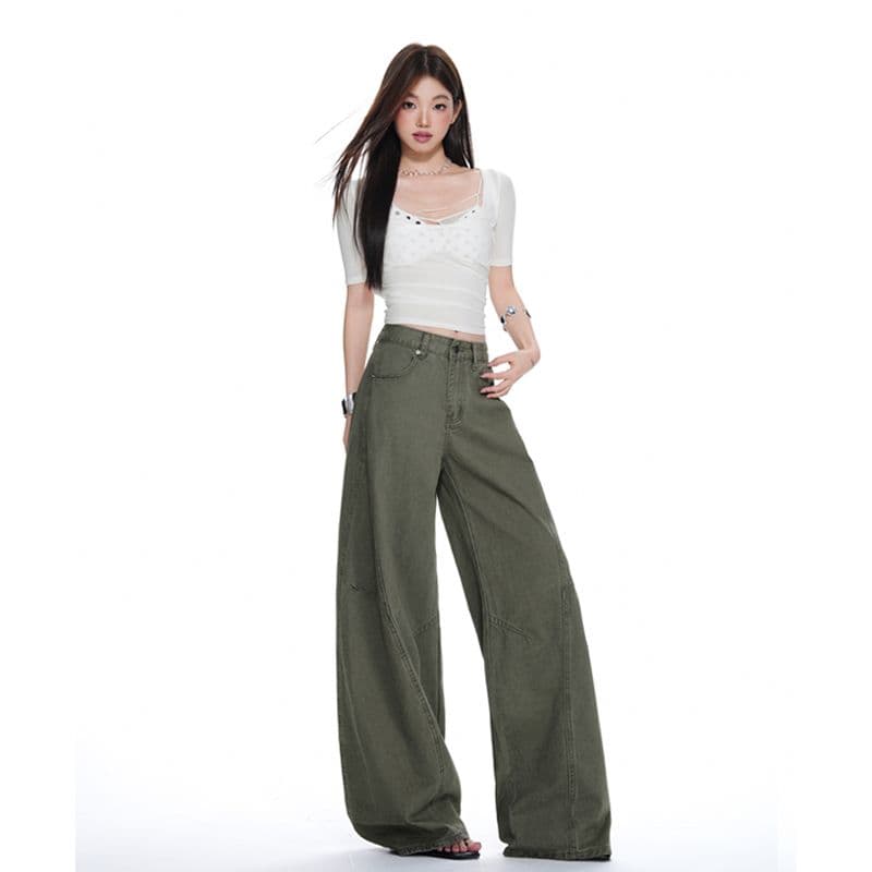 군용 녹색 워크웨어 팬츠 순수한 면 바지 여성 스트레이트 루즈핏 해체 디자인 캐주얼 와이드 레그 팬츠 이미지 3