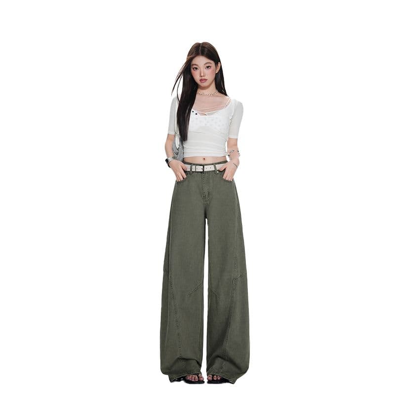 군용 녹색 워크웨어 팬츠 순수한 면 바지 여성 스트레이트 루즈핏 해체 디자인 캐주얼 와이드 레그 팬츠 이미지 6