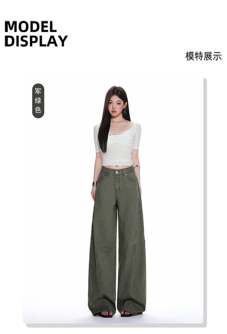 군용 녹색 워크웨어 팬츠 순수한 면 바지 여성 스트레이트 루즈핏 해체 디자인 캐주얼 와이드 레그 팬츠 상세 이미지 5