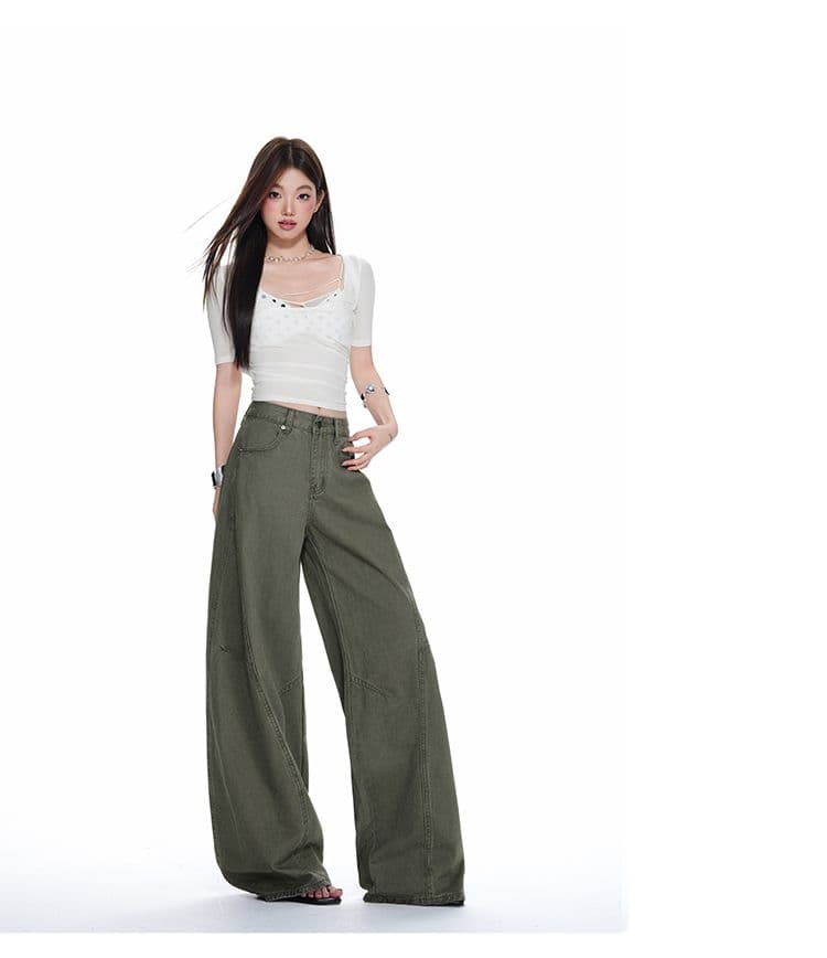 군용 녹색 워크웨어 팬츠 순수한 면 바지 여성 스트레이트 루즈핏 해체 디자인 캐주얼 와이드 레그 팬츠 상세 이미지 6