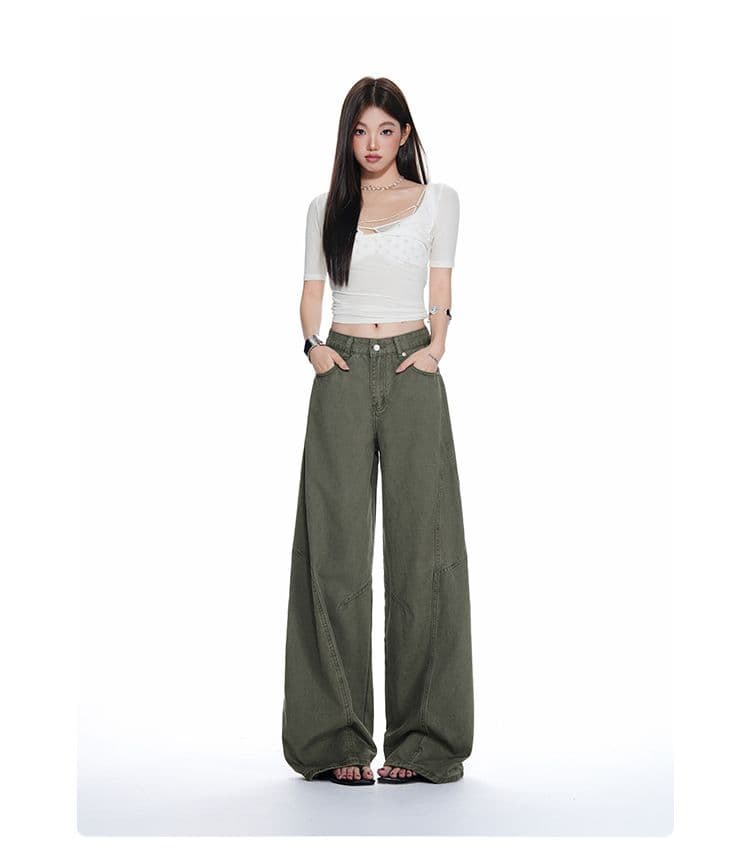 군용 녹색 워크웨어 팬츠 순수한 면 바지 여성 스트레이트 루즈핏 해체 디자인 캐주얼 와이드 레그 팬츠 상세 이미지 9