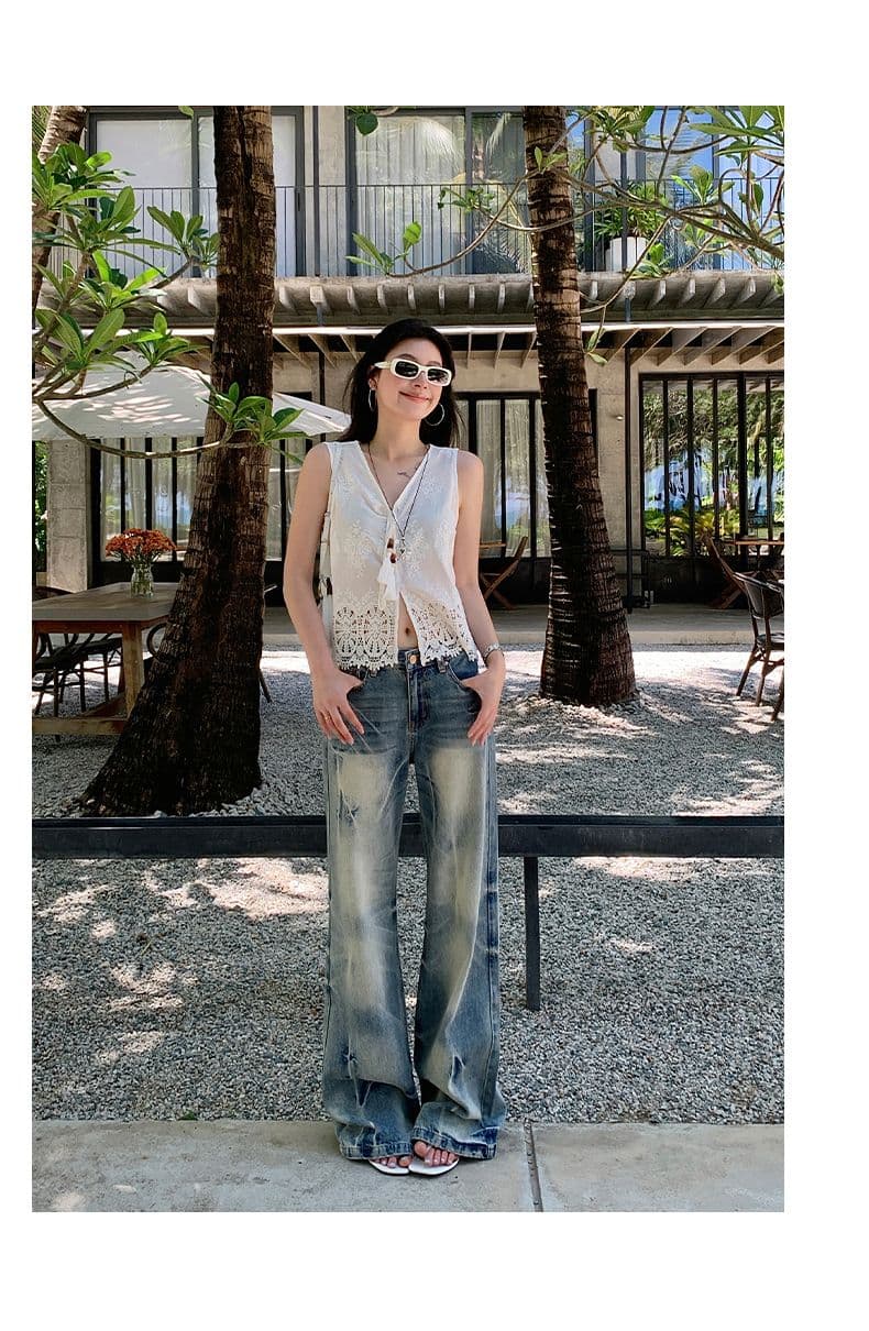 26 년 여름 새로운 아메리칸 번개 곡물 헤일로 워싱 슬림해 보이는 로우 웨이스트 루즈핏 넓은 다리 청바지 여성 상세 이미지 11