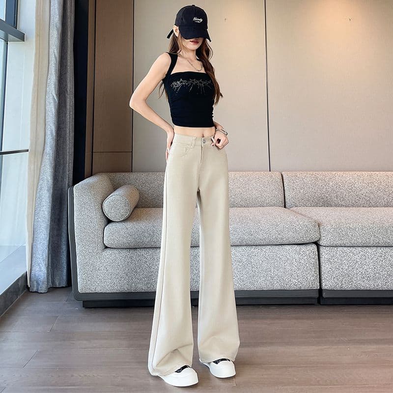 카키 색 대나무 마디 모방 주간 실크 떨리는 소리 바지 루즈핏 아니요 막대기 다리 부츠컷 바지 xs-xxl 이미지 2