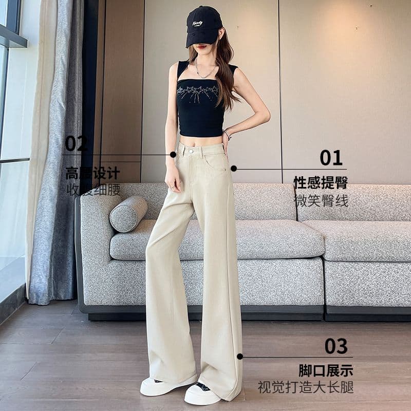 카키 색 대나무 마디 모방 주간 실크 떨리는 소리 바지 루즈핏 아니요 막대기 다리 부츠컷 바지 xs-xxl 이미지 6