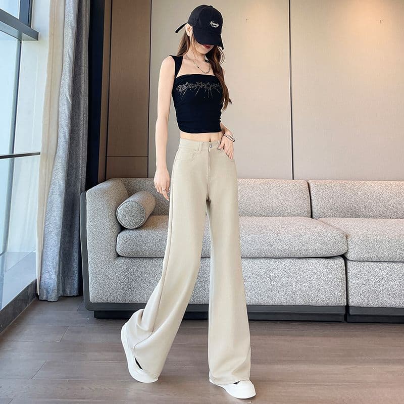 카키 색 대나무 마디 모방 주간 실크 떨리는 소리 바지 루즈핏 아니요 막대기 다리 부츠컷 바지 xs-xxl 이미지 4