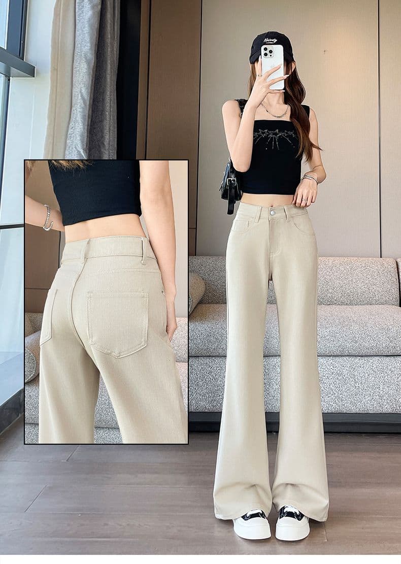 카키 색 대나무 마디 모방 주간 실크 떨리는 소리 바지 루즈핏 아니요 막대기 다리 부츠컷 바지 xs-xxl 상세 이미지 1