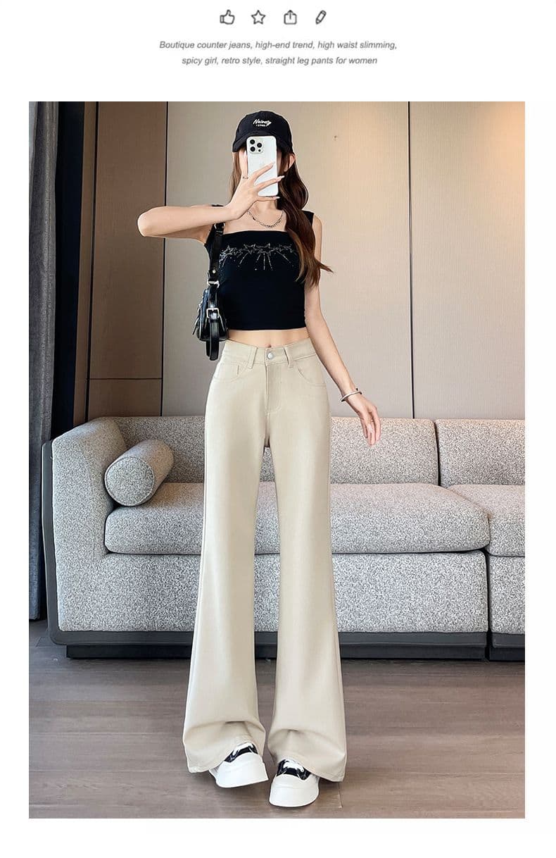 카키 색 대나무 마디 모방 주간 실크 떨리는 소리 바지 루즈핏 아니요 막대기 다리 부츠컷 바지 xs-xxl 상세 이미지 2