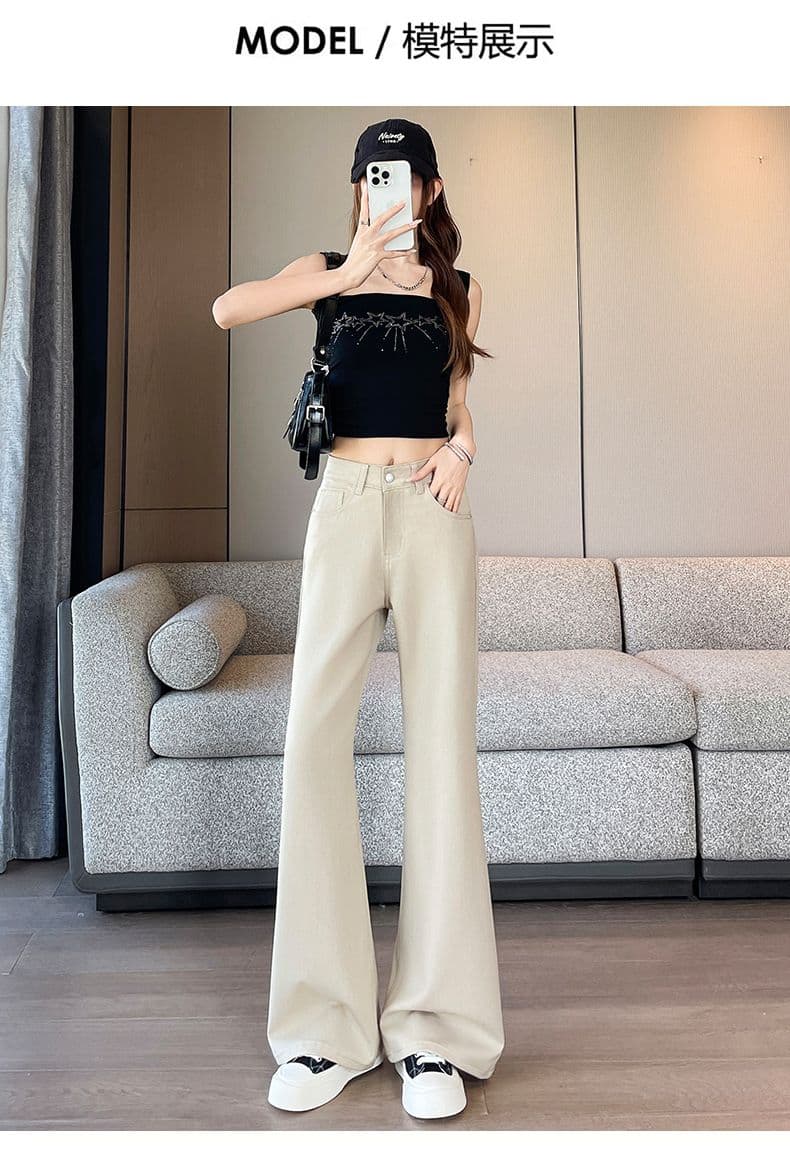 카키 색 대나무 마디 모방 주간 실크 떨리는 소리 바지 루즈핏 아니요 막대기 다리 부츠컷 바지 xs-xxl 상세 이미지 10