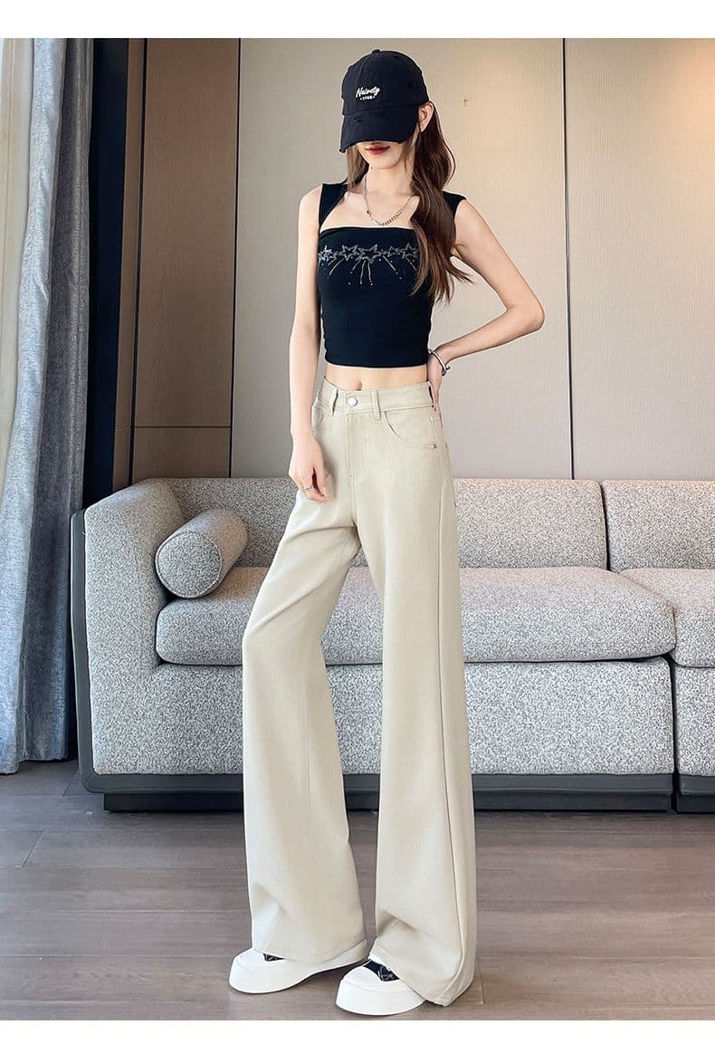 카키 색 대나무 마디 모방 주간 실크 떨리는 소리 바지 루즈핏 아니요 막대기 다리 부츠컷 바지 xs-xxl 상세 이미지 14
