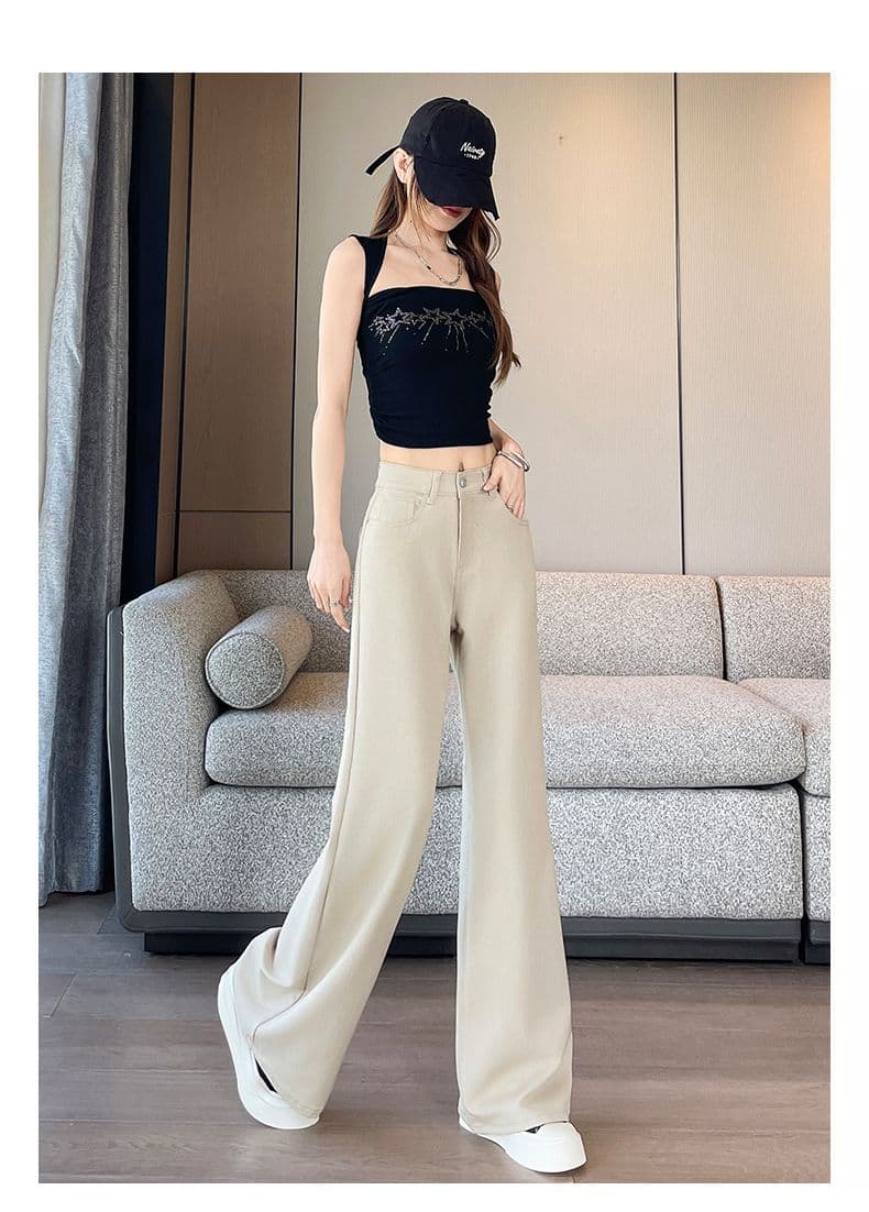 카키 색 대나무 마디 모방 주간 실크 떨리는 소리 바지 루즈핏 아니요 막대기 다리 부츠컷 바지 xs-xxl 상세 이미지 16
