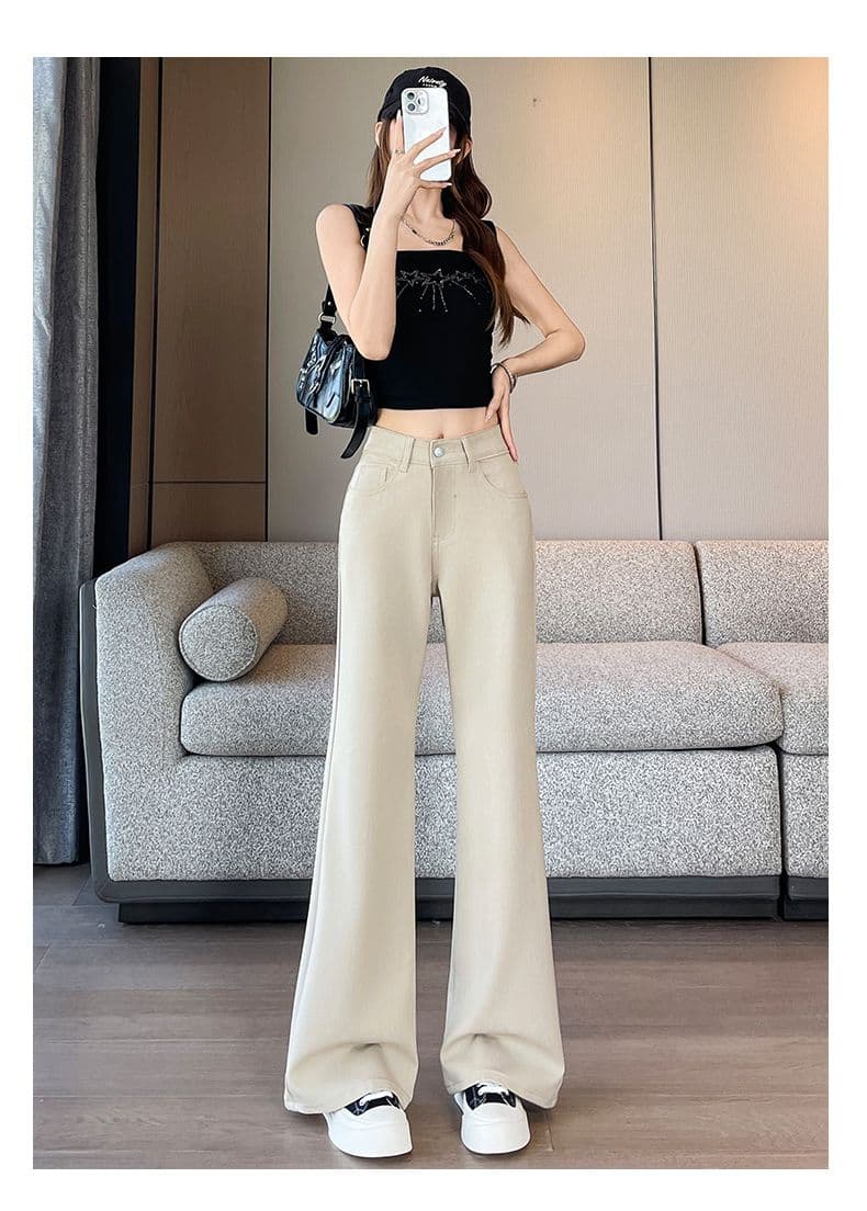 카키 색 대나무 마디 모방 주간 실크 떨리는 소리 바지 루즈핏 아니요 막대기 다리 부츠컷 바지 xs-xxl 상세 이미지 17