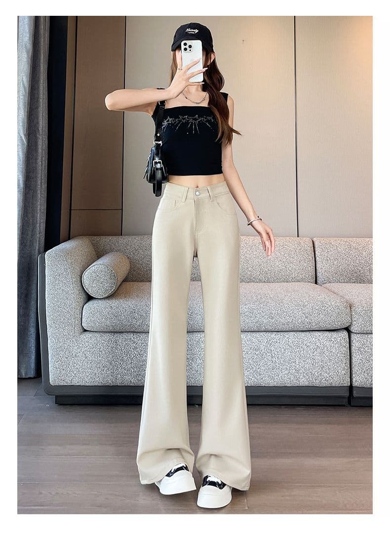카키 색 대나무 마디 모방 주간 실크 떨리는 소리 바지 루즈핏 아니요 막대기 다리 부츠컷 바지 xs-xxl 상세 이미지 18