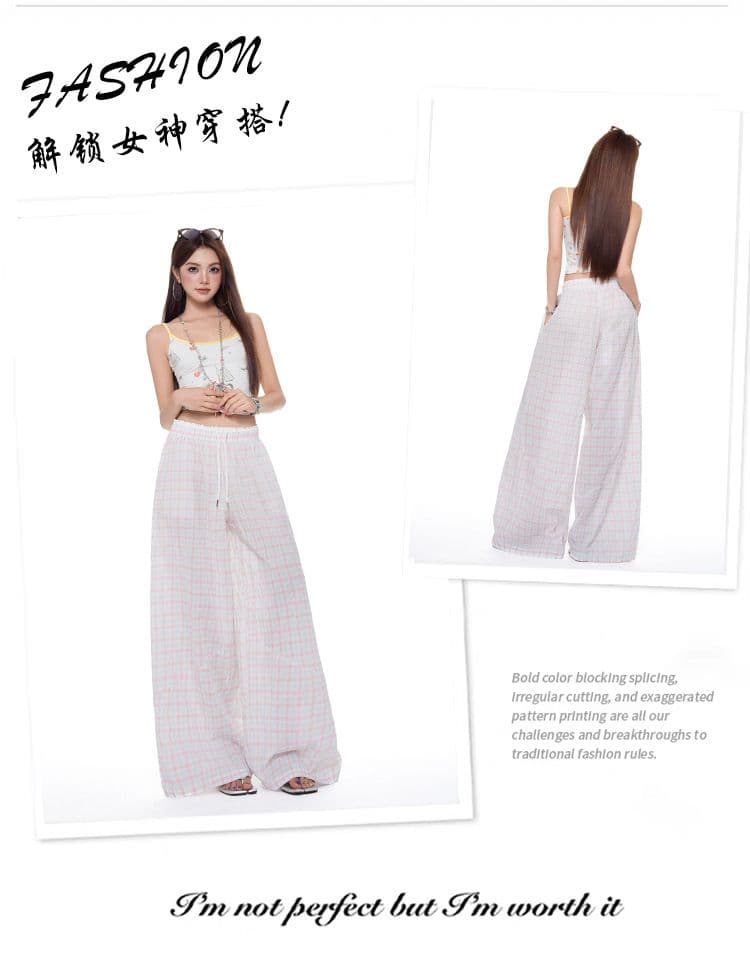느긋한 바람 핑크색 체크무늬 패치워크 더블 허리 머리 와이드 레깅스 바지 허리밴드 슬림해 보이는 스트레이트 캐주얼 바지 상세 이미지 5